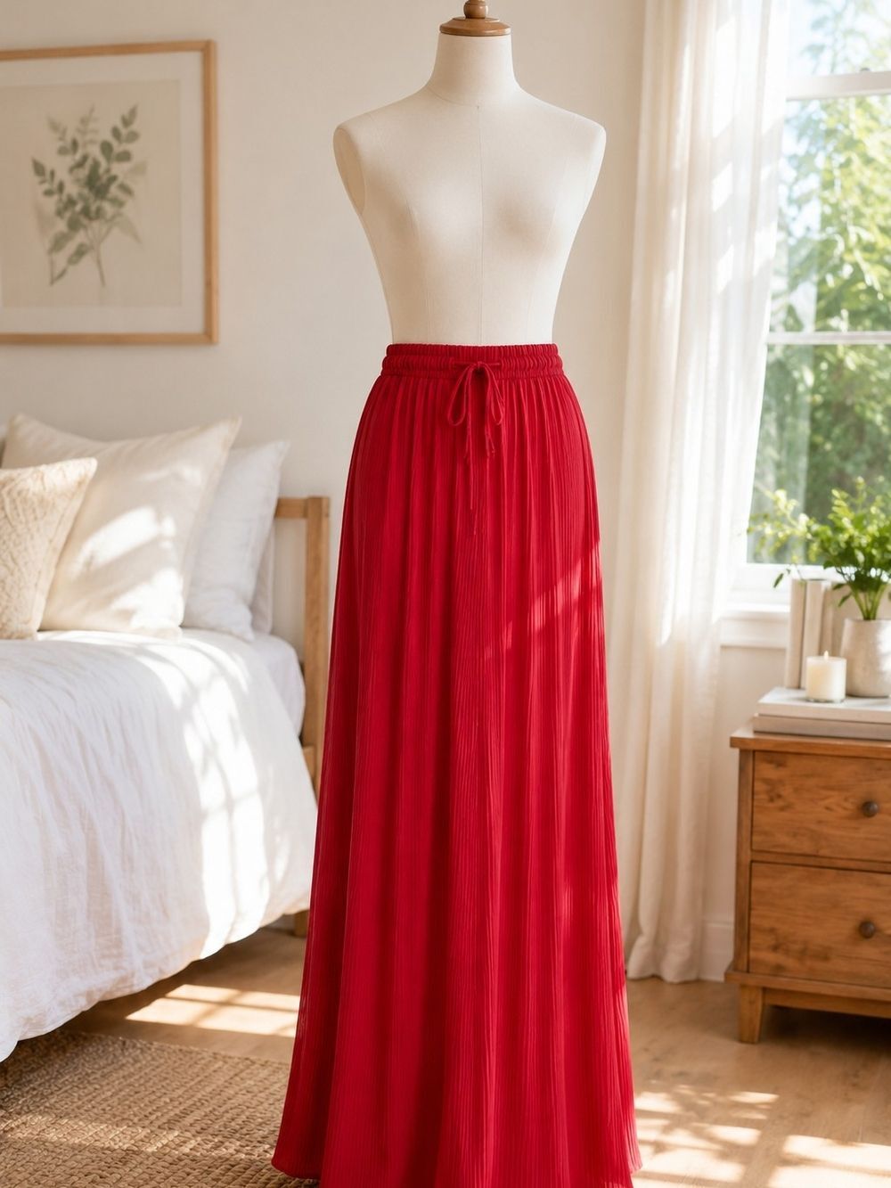 Relaxed Red Pleated Drawstring Maxi Skirt